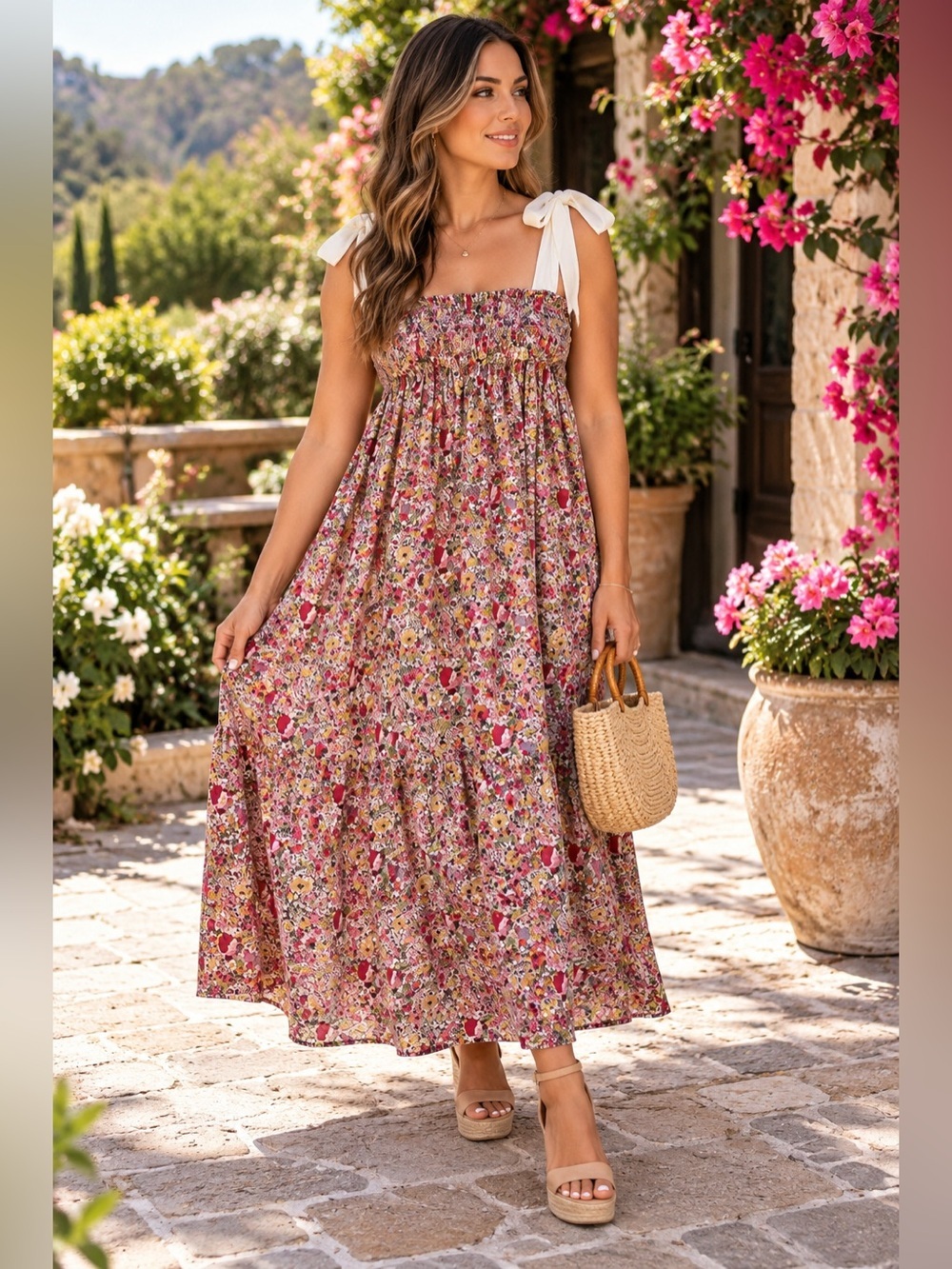 Buru Smocked Floral Midi Dress with Tie Straps - Pink
